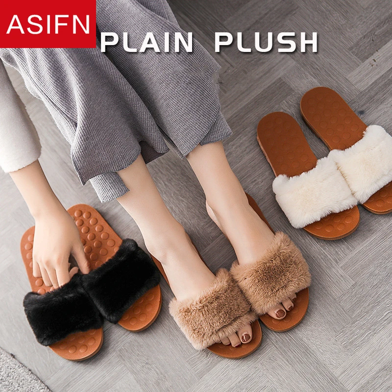 ASIFN меховые тапочки женские шлепанцы из лисьего меха домашние пушистые плоские