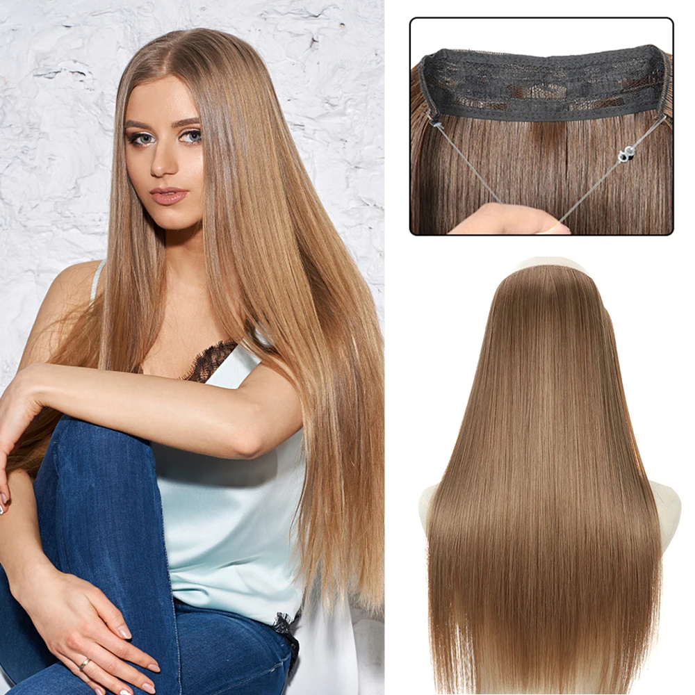

No Clip Halo Hair Extension Straight Secret Wire Natural Hidden Wire Synthetic Hairpieces Adjustable Transparent Wire For Women