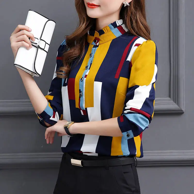 

Long Sleeve Stand Collar Office Shirt Chiffon Blouse Shirt Casual Tops Plus Size blusas mujer de moda 2021 Blouse Women Fashion