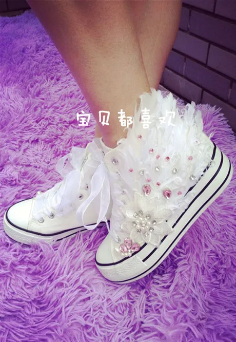 

High-end chicken feathers increase canvas shoes women's platform rhinestone lace flower canvas shoes