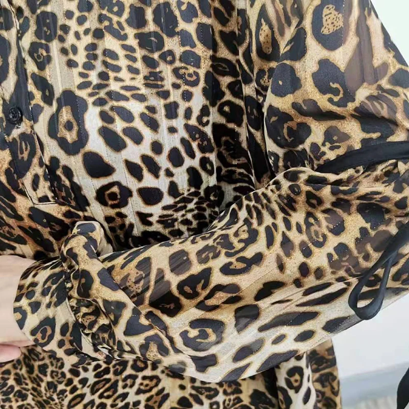 

CHICEVER Leopard Dress For Women Lapel Long Sleeve Hit Color Loose Print Lace Up Vintage A Line Dresses Female 2021 Fall Clothes