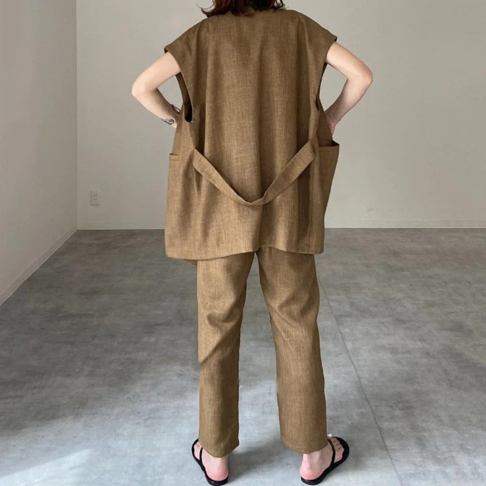 

SuperAen 2021 Summer New Solid Simple Cotton and Linen Two-piece Women