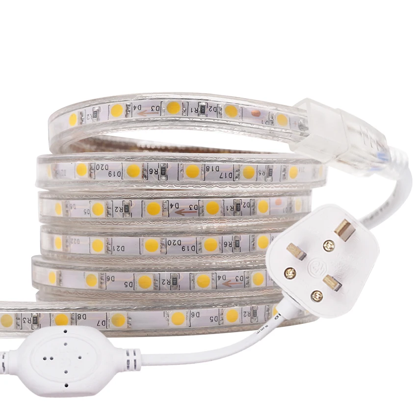 XUNATA 220V SMD5050 60 Светодиодный s/m Светодиодные ленты Водонепроницаемый гибкий светодиодный ленточный светильник полоса веревка высокое яркий светодиодный лента с штепсельная вилка британского стандарта