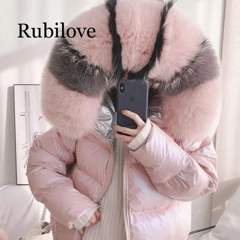 Rubilove женский пуховик с воротником из лисьего меха, новинка, толстый теплый пуховик с капюшоном на белом утином пуху, женские пальто, шуба