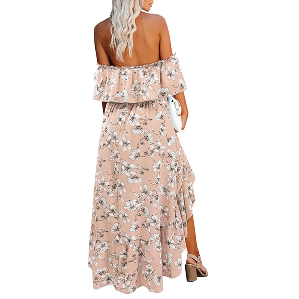 

Summer Women's Fashion One-neck Off-shoulder Short-sleeved Ruffle Floral Printed Casual Dress H1