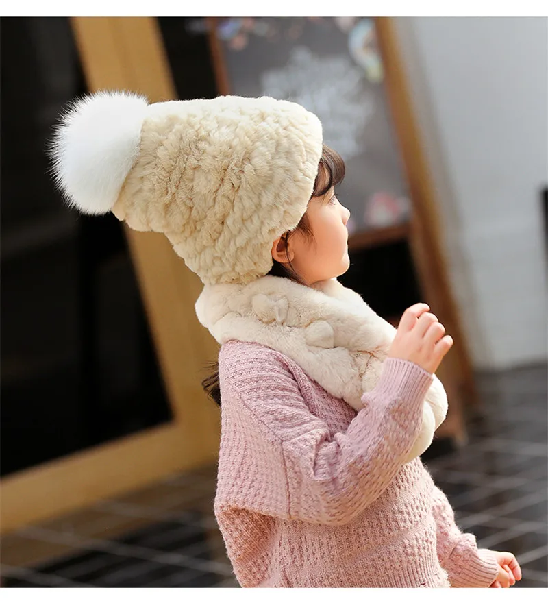 2019 детский меховой шарф шапка комплект из мягкой кроличьей кожи теплый модный