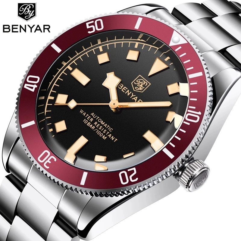 BENYAR Black Mens Watches 2021 Brand Luxury Mechanical Watch Men Automatic Wristwatch 100M Waterproof Luminous Stainless Steel