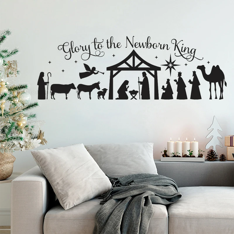 

Large Christmas Vinyl Decal Wall Sticker Glory To The Newborn King Nativity Scene Christmas Holiday Decoration Mural