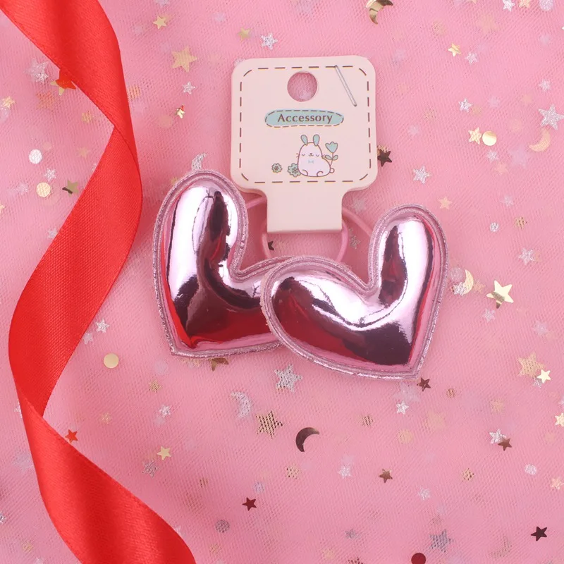 pink Новинка года, искусственная кожа, неровные, 50 мм, Детские эластичные резинки для волос с сердечком, для девочек, аксессуары для волос для детей, 2 шт./лот - Цвет: pink