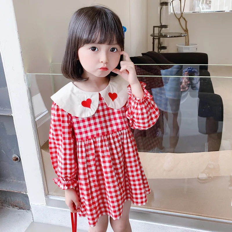 

Korea Love Plaid Skirt 2021 Autumn New Korean Style Dress Western Doll Collar Children's Fashion Trend