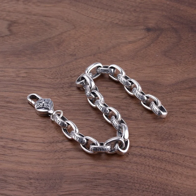 

925 Sterling Silver Mens Bracelet With Vajry Pestle Locker Tibetan Mantra Bracelet Chain Engraved Six Words' OM Buddha Jewelry