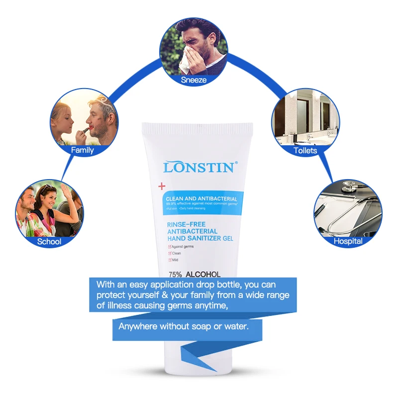 Lonstin 60ml 75% Alcohol Instant Hand Sanitizer Rinse-free Disinfectant Gel Non Sticky Fragrance Free | Красота и здоровье