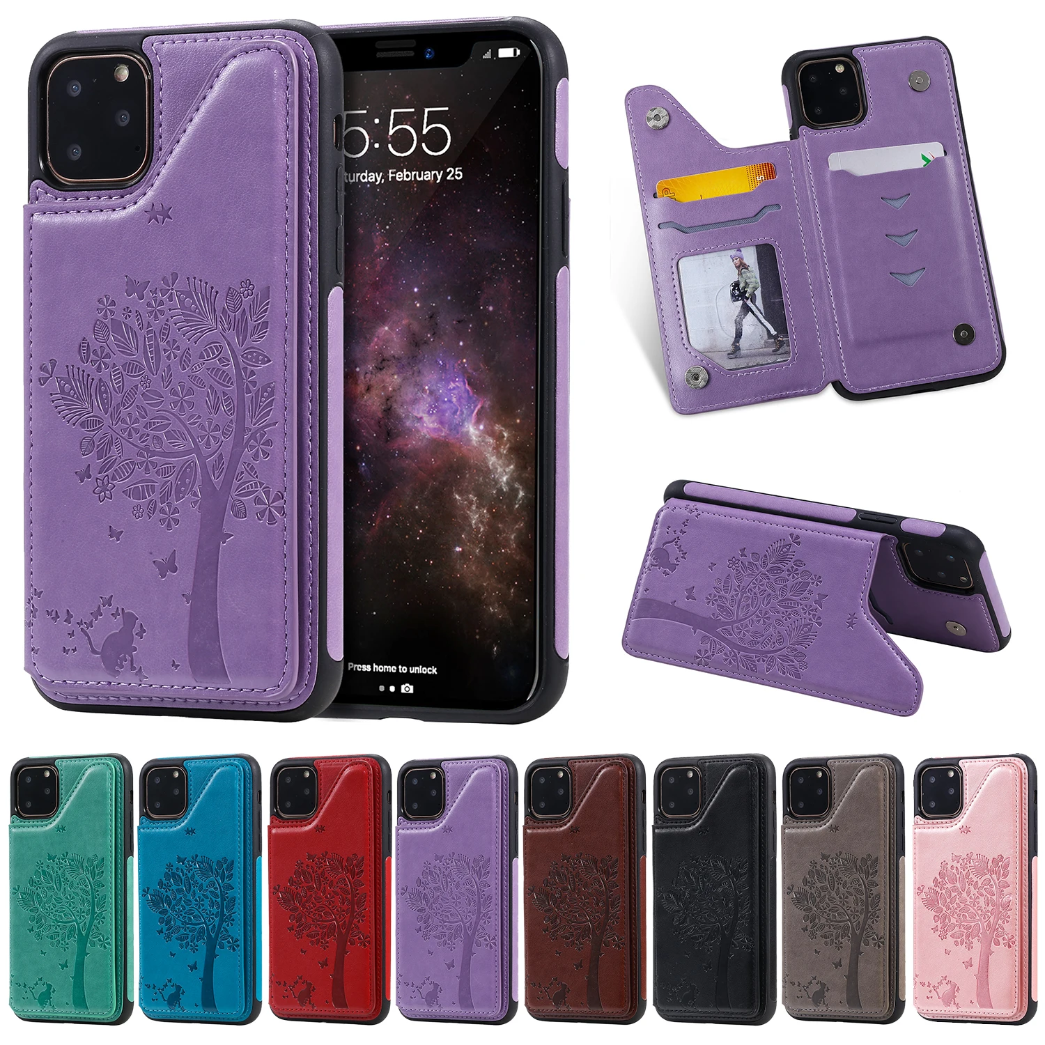 

Luxury Shockproof Flip Case Premium Leather Cover For iPhone 11 12 mini Pro XR XS Max X 6 6s 7 8 Plus Wallet Card Slots 3D Tree