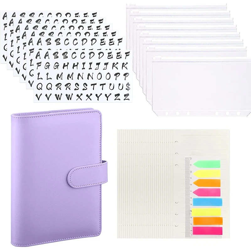 

A6 Binder Cover 6-Ring Budget Planner with A6 Binder Pockets Refill Paper Letter Stickers for Money Saving Organizer