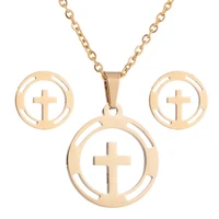 asjerlya new fashion simple stainless steel cross pendant earrings necklace jewelry set for female men religion jesus jewelry