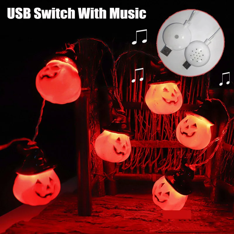 

USB LED Festoon Fairy Light Halloween Pumpkin Skull With Music Switch 8 Modes String Light Garland For Room Home Decoration