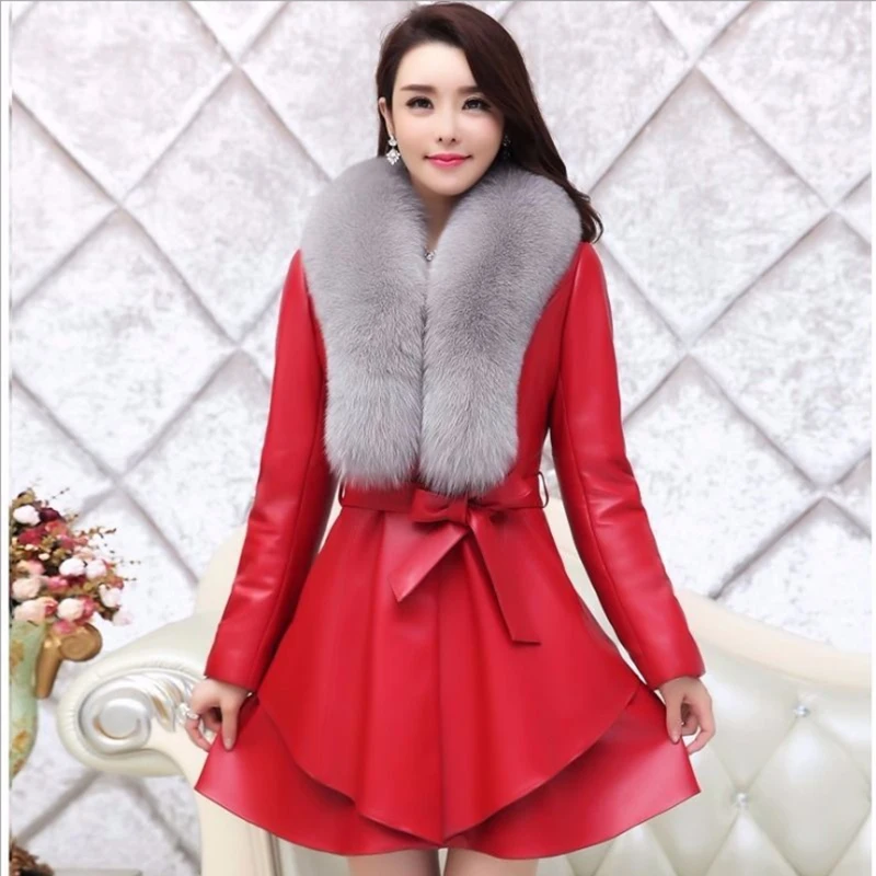 

Leather women's mid-length plus cotton jacket Slim and thin PU fur imitation fox fur collar oversized silver fox fur