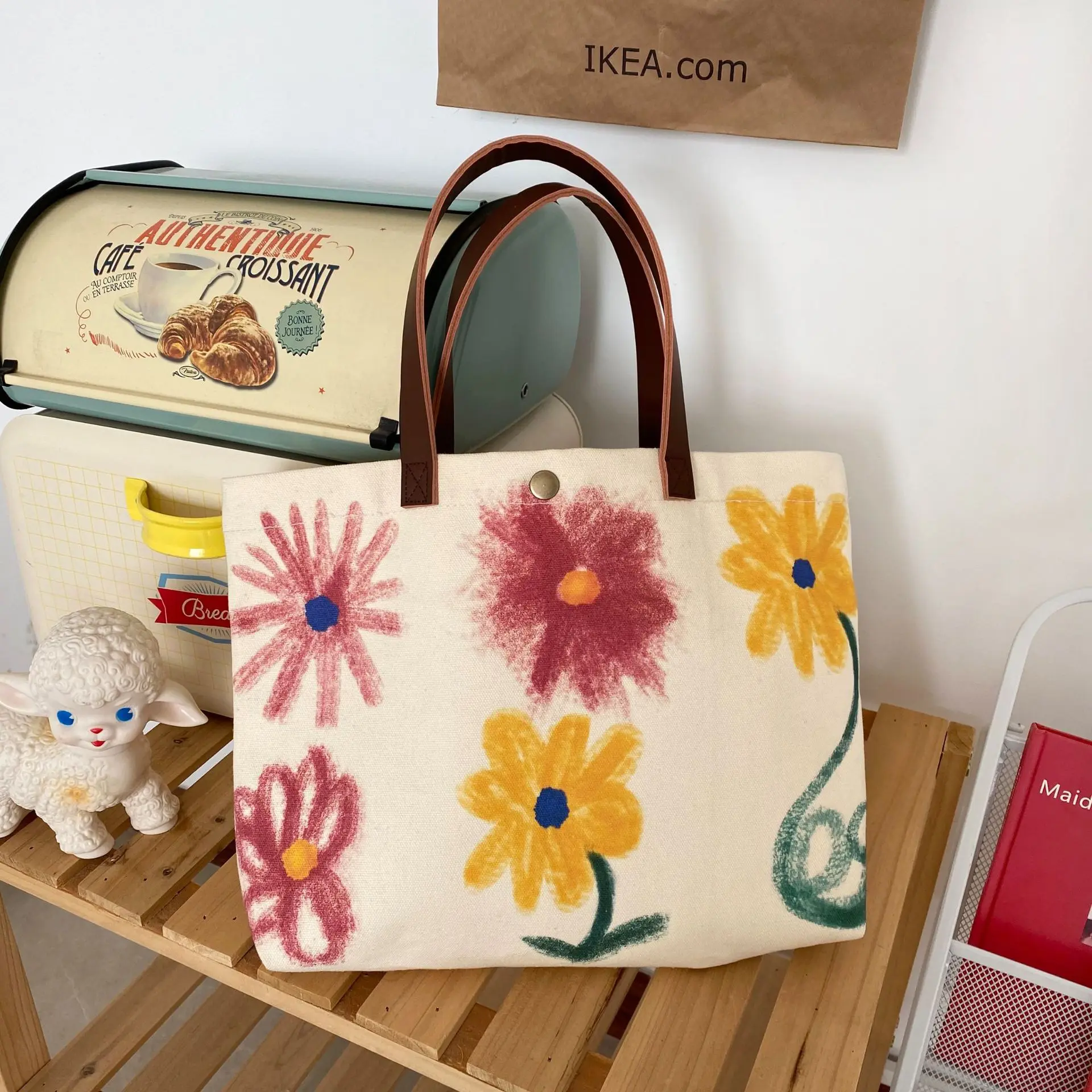 

Women Canvas Shoulder Doodle flower print Shopper Bag Cotton Cloth Large Capacity Students Female Handbags Tote Shopping Bags