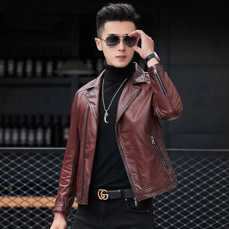 

Осенне-зимняя модная мужская куртка из овечьей кожи, Женская мотоциклетная верхняя одежда в Корейском стиле, мужские облегающие пальто W117