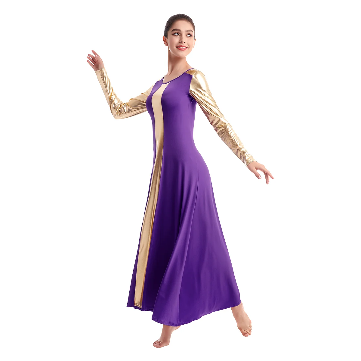 

Praise Dress Women Adult Girls Liturgical Dance Dress Elegant Praise Dance Dress Metallic Splice Pleated Swing Long Church Dress
