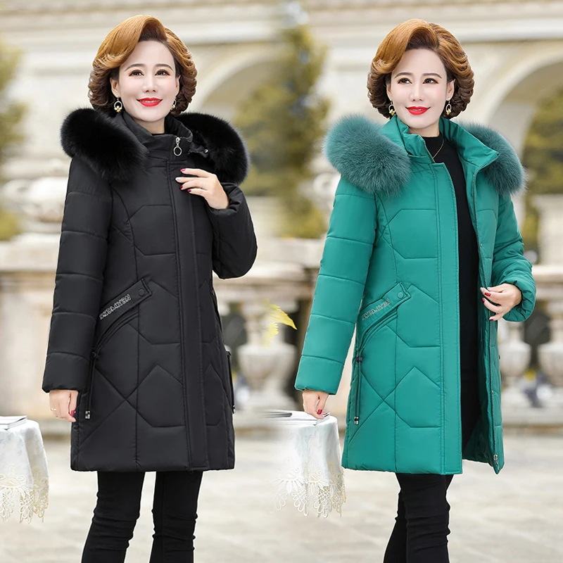 winter clothes women mother's cotton clothes middle-aged and elderly ladies thick hooded pure color cotton clothes woman parkas
