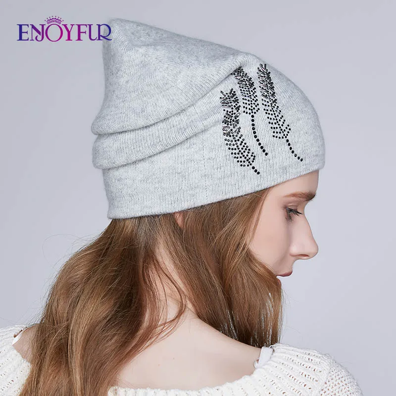 ENJOYFUR зимние шапки для женщин вязаные толстые теплые меховая подкладка Стразы