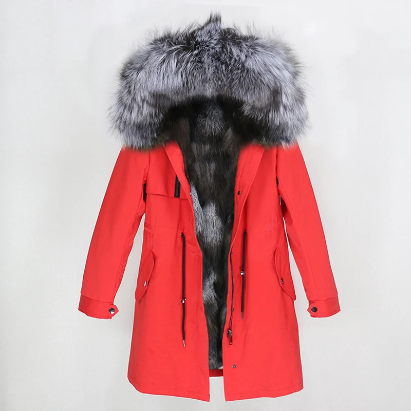 red silver OFTBUY парка повседневное пальто из натурального меха зимняя куртка для женщин натуральный Лисий меховой капюшон, воротник лиса верхняя одежда на подкладке теплая уличная Новинка - Цвет: red silver