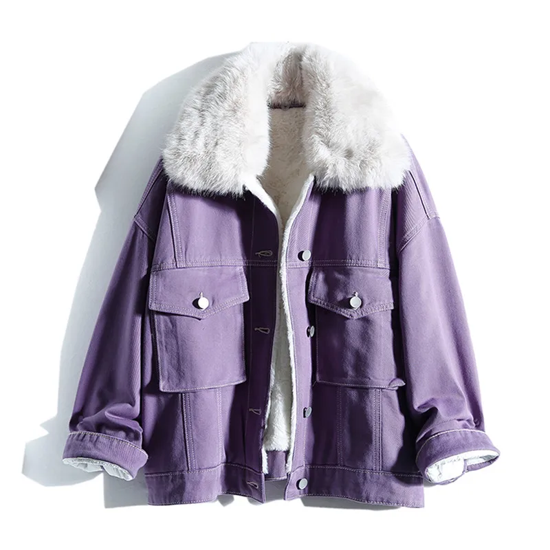 

Autumn Winter New Detachable Fur Collar Fashion Denim Jacket Female lambswool Plus Velvet Thick Vintage Jeans Coat Female G1697