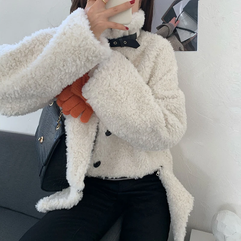 

Alien Kitty Solid Lambswool Warm Outerwear Turtleneck Women 2020 New Casual Street Loose Winter Coat Plush Jackets Tops