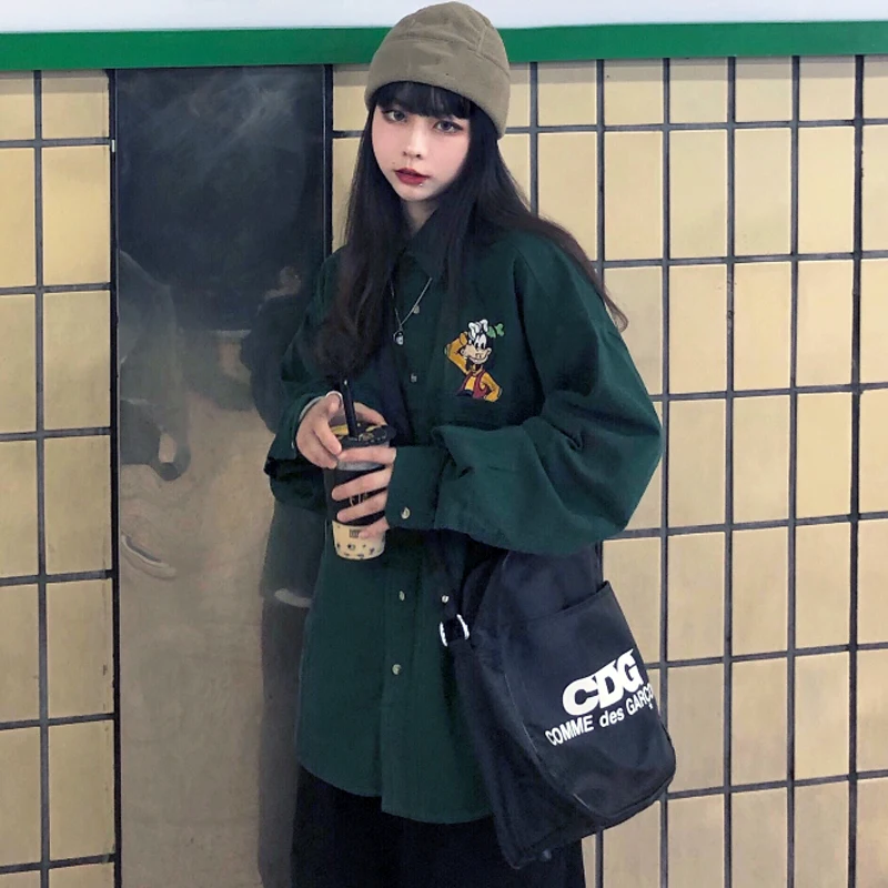 

Harajuku Cartoon Embroidered Shirt Female Autumn Shirt Women Loose Lapel Long Sleeve Blouse Vintage Chiffon Shirt Oversize Shirt