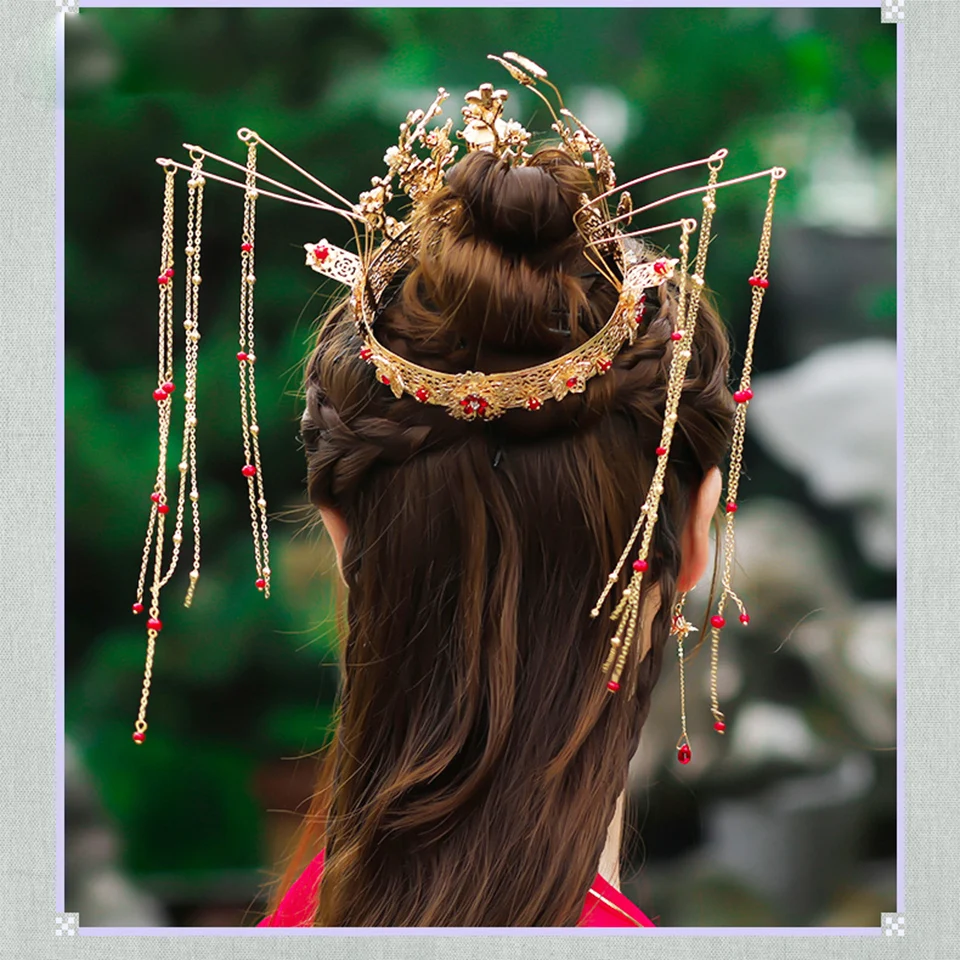 Винтаж китайский стиль золотые свадебные Корона тиары невесты Hairwear Свадебные аксессуары для волос повязка на голову