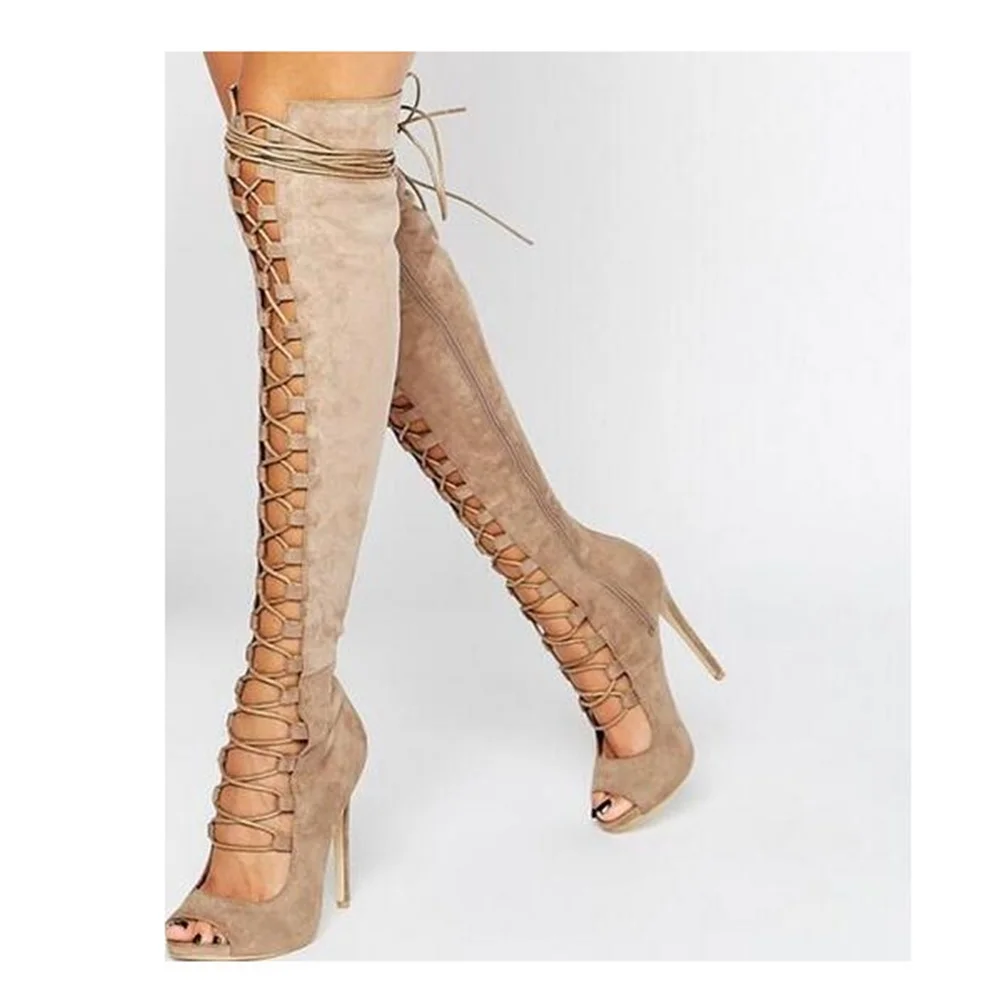 

Over The Knee Peep Toe Boots Luxury Black Taupe Suede Women High Heel Shoes Lace-up Strappy Cut-out Gladiator Sandals Boots