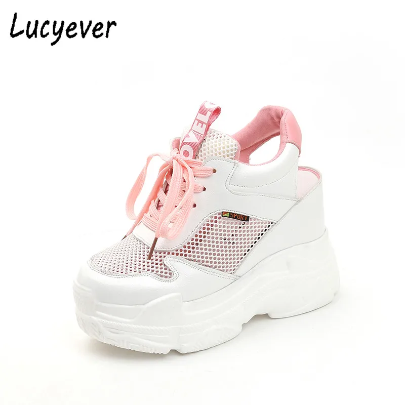 Lucyever/женские босоножки; коллекция года; сезон лето; модные сандалии-гладиаторы на танкетке с вырезами; повседневная женская обувь на массивной платформе и высоком каблуке - Цвет: Розовый