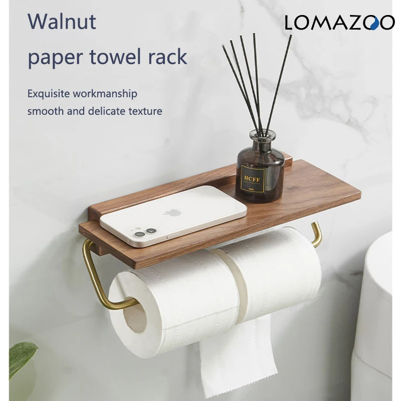 

LOMAZOO Орех / бук + латунный настенный деревянный держатель для рулонной бумаги, вешалка для бумажных полотенец 18 см 30 см, полка для телефона без перфорации
