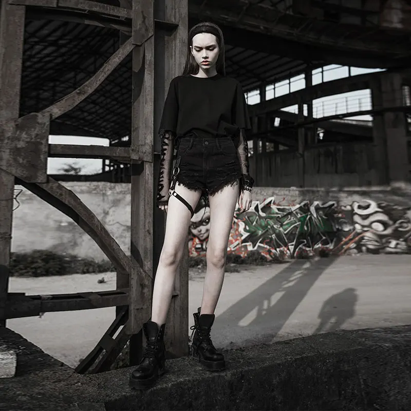 Женские черные шорты в стиле Панк RAVE новые металлические бандажные персикового