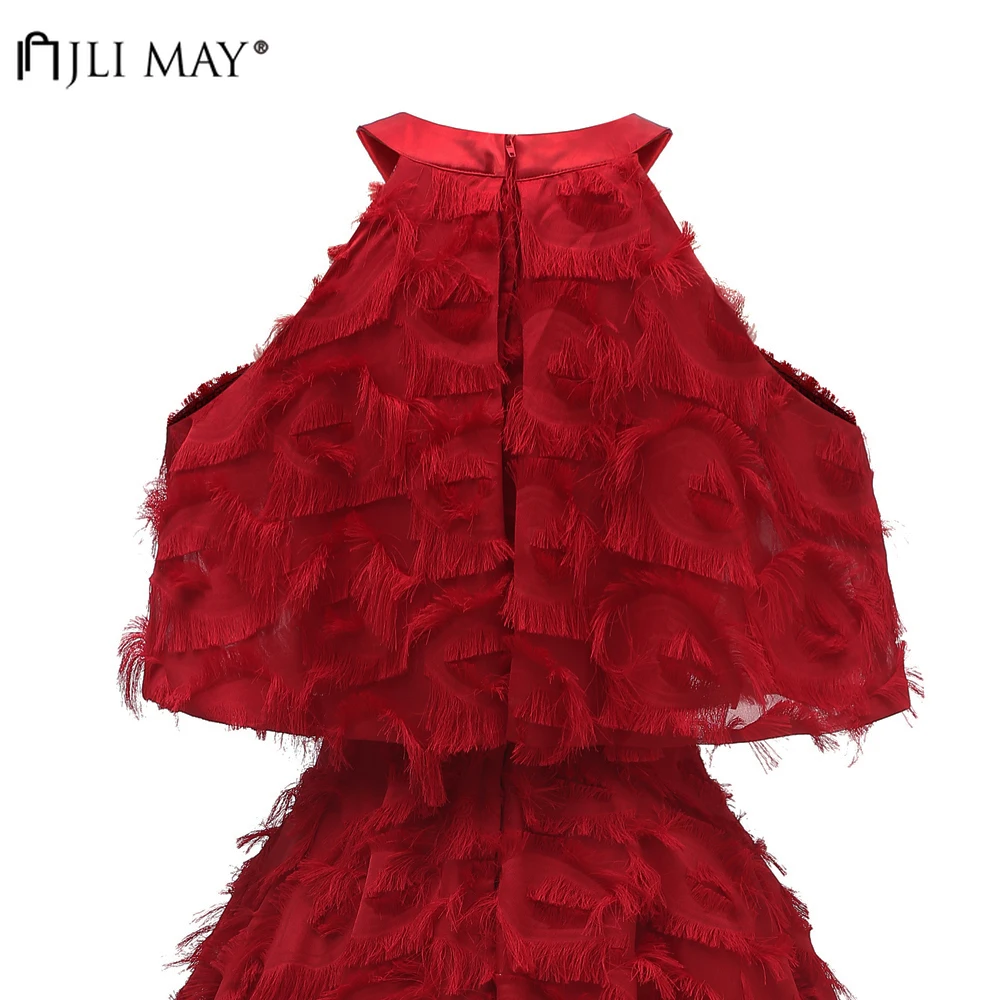 

JLI MAY Tassel Off shoulder Party Dress Vintage Evening Elegant Women Clothes Short Sleeve A-Line Midi O-Neck Fall Summer