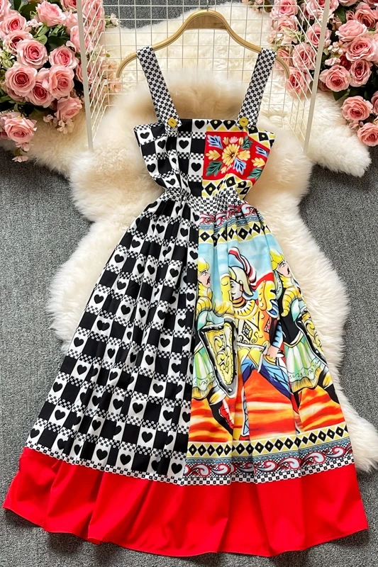 

2021 summer women Spaghetti Strap dress Sicily style palace hero guard printed mid-calf dresses holiday women quality new dress