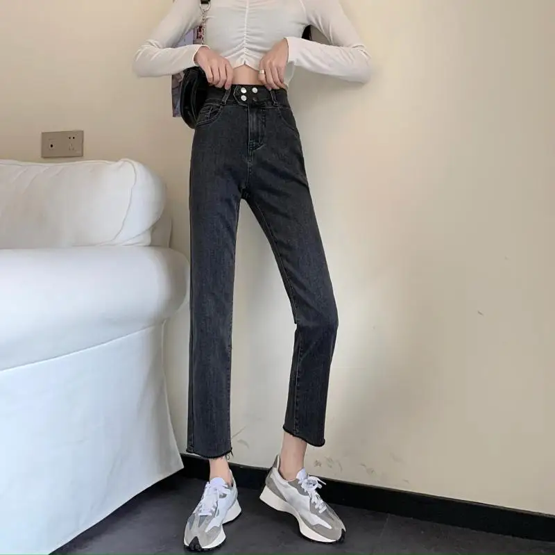 

High Waist Autumn Straight 9 Points Raw Hem Denim Capri Pants Cropped Jeans for Women S M L
