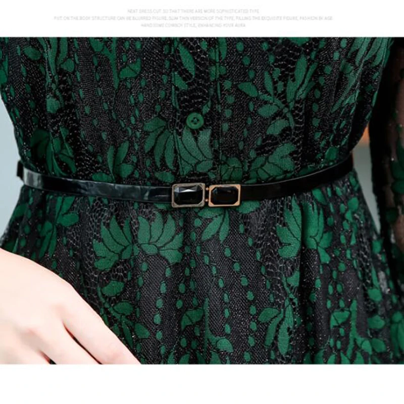 

Green Women Lace Dress 2020 Spring Elegant Long Sleeve Slim Party Dress Vintage A Line Office Knee-length Dresses Sashes