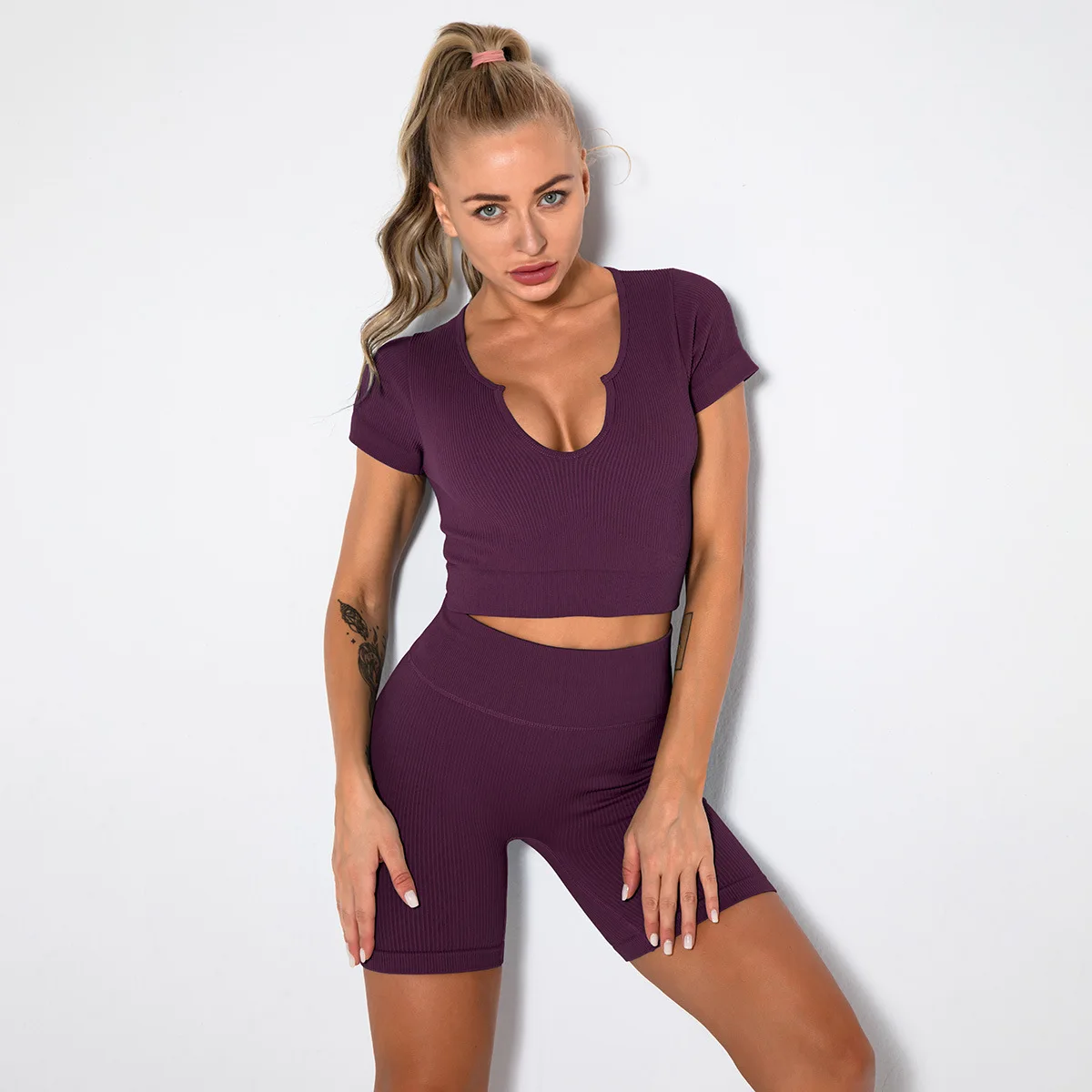 

New Seamless Women Yoga Set Workout Suit U/V-neck /Square-neck Top High Waist Running Leggings Sport Clothing Tracksuits