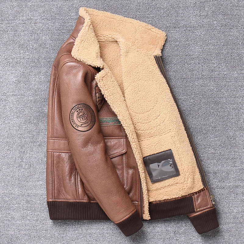 

Brown Men Shearling Luxury Flight Jacket Top Gun Air Force Pilot Casual Wool Liner B3 Bomber Jackets Russia Winter Coats