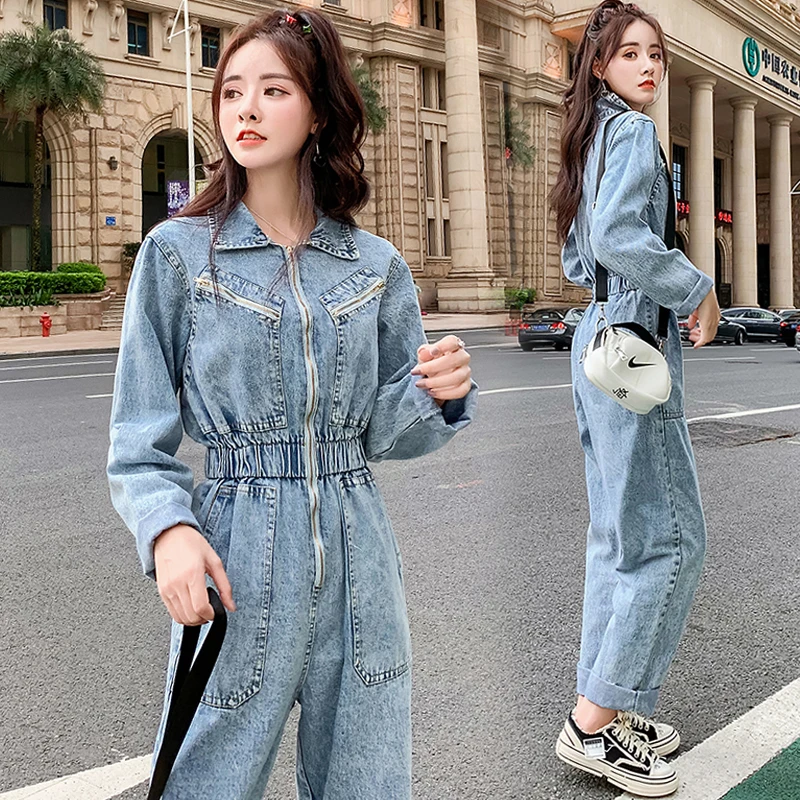 

Fashion Zipper Jeans Women Jumpsuit Long Elastic High Waist Ladies Rompers Streetwear Pocket Long Sleeve Denim Overalls Female