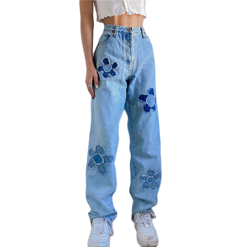

Уличный костюм Y2K, женские джинсы с прямыми штанинами в стиле Харадзюку, летние свободные брюки из денима с цветочным узором и карманами для ...