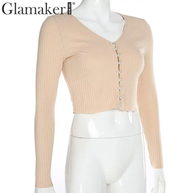 Glamaker, вязанная короткая блузка с v-образным вырезом, женская элегантная облегающая блуза на пуговицах с длинным рукавом, женские вечерние блузки на осень и зиму