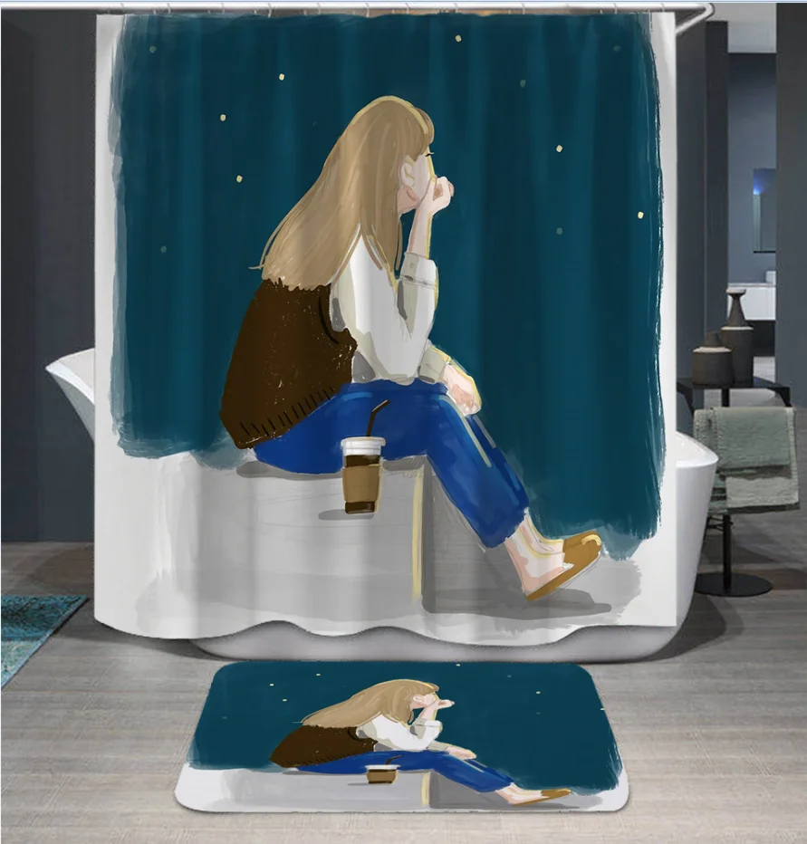 

Cartoon Anime Character Couple Printed Shower Curtains Frabic Waterproof Polyester Bathroom Curtain With Hooks 180x180cm