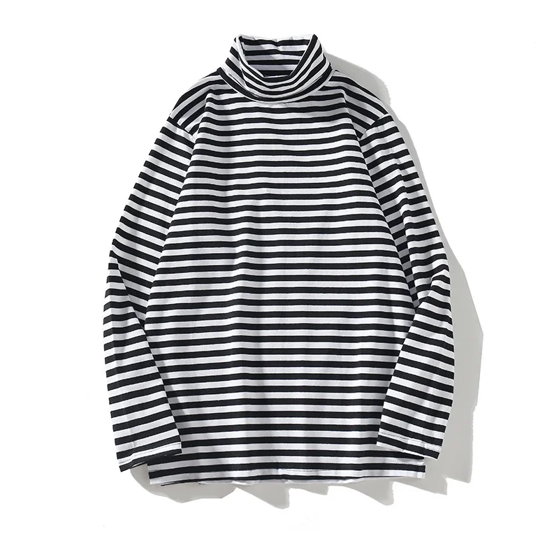 

Men Striped Long Sleeve T-Shirt Men Fashion Wild Turtleneck Tee Shirt Trendy Brand Harajuku Retro Casual T Shirts Male