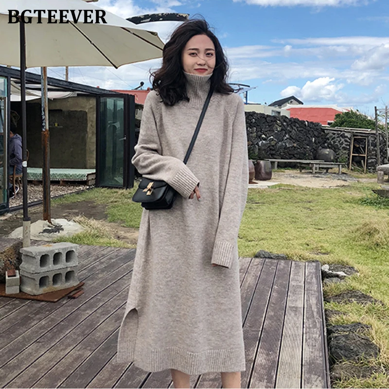 Платье Свитер BGTEEVER с высоким воротником Осень зима женское свободное платье
