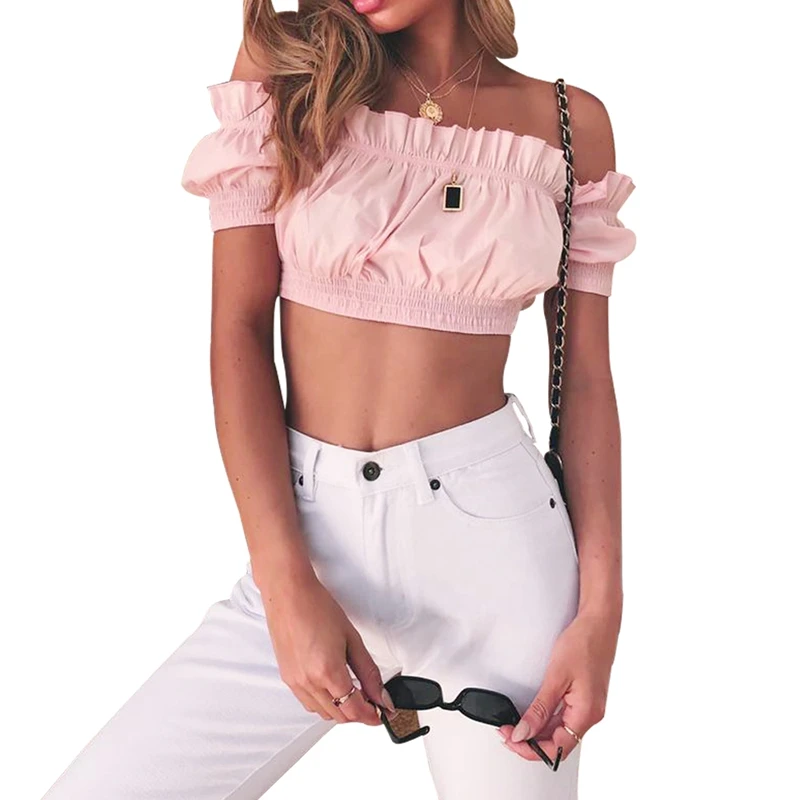 Модные повседневные женские летние розовые белые черные с открытыми плечами