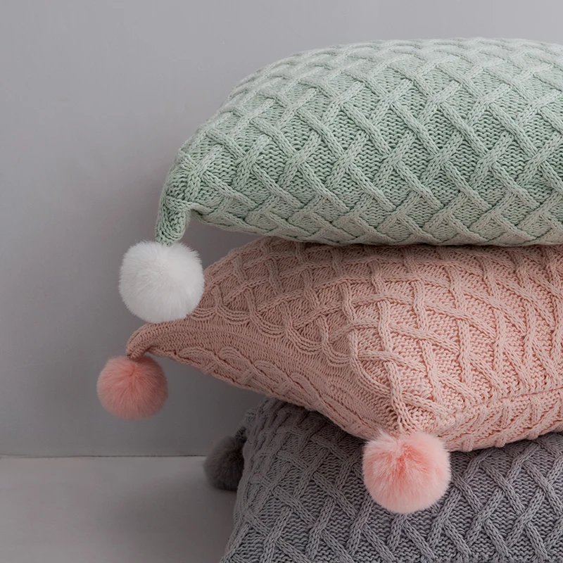 Вязаный чехол для подушки Винтажный Розовый Серый Светло-зеленый однотонный 45 см