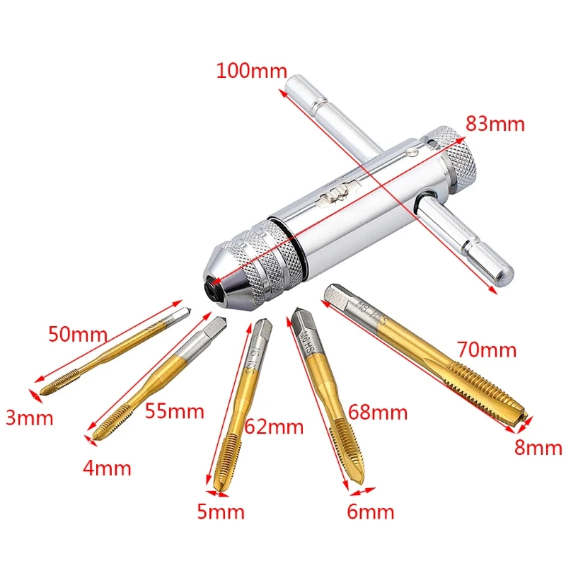 

T-Handle Ratchet Tap Wrench Adjustable M3-M8 Machine Screw Thread Metric Plug Tap Machinist Tool